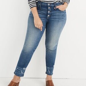 Madewell Slim Straight Jeans Women 31 Blue Excellent Button Fly Distressed Hem